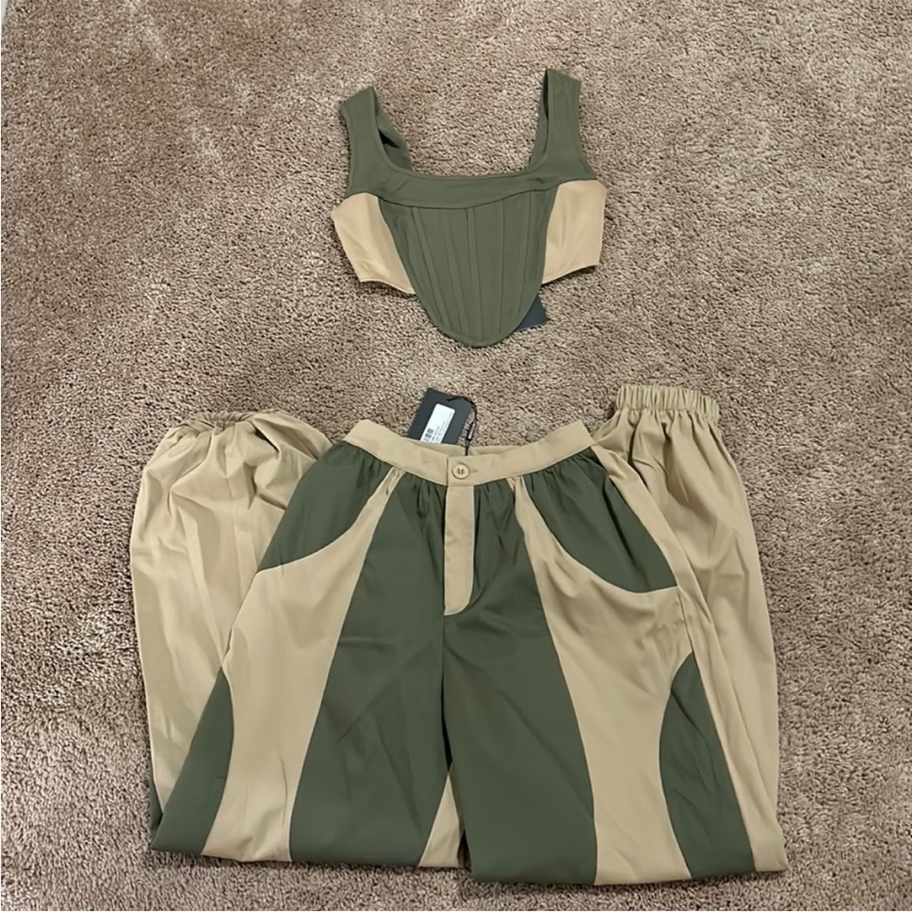PrettyLittleThing Green and Tan Track Pants